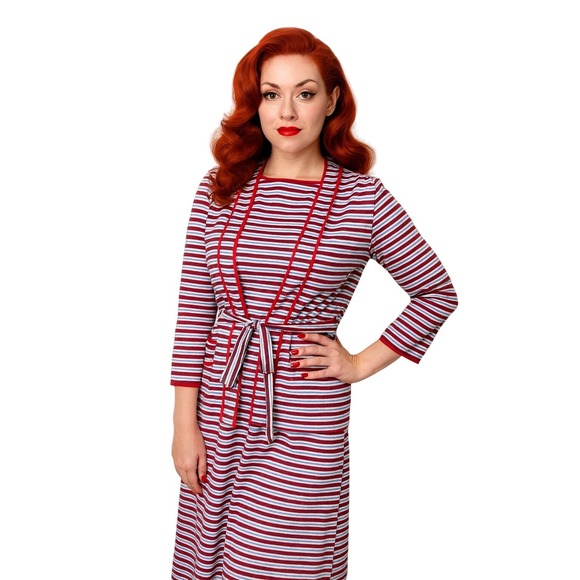 Vintage 70s Striped‎ Dress Jacket Set Red White Blue Knit Belted Midi Sleeveless - Picture 1 of 12